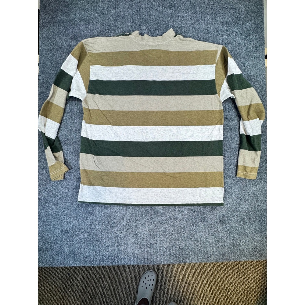 Vintage GUESS Jeans USA Striped Long Sleeve Shirt XXL Tan Green Embroidered Logo - Picture 2 of 7